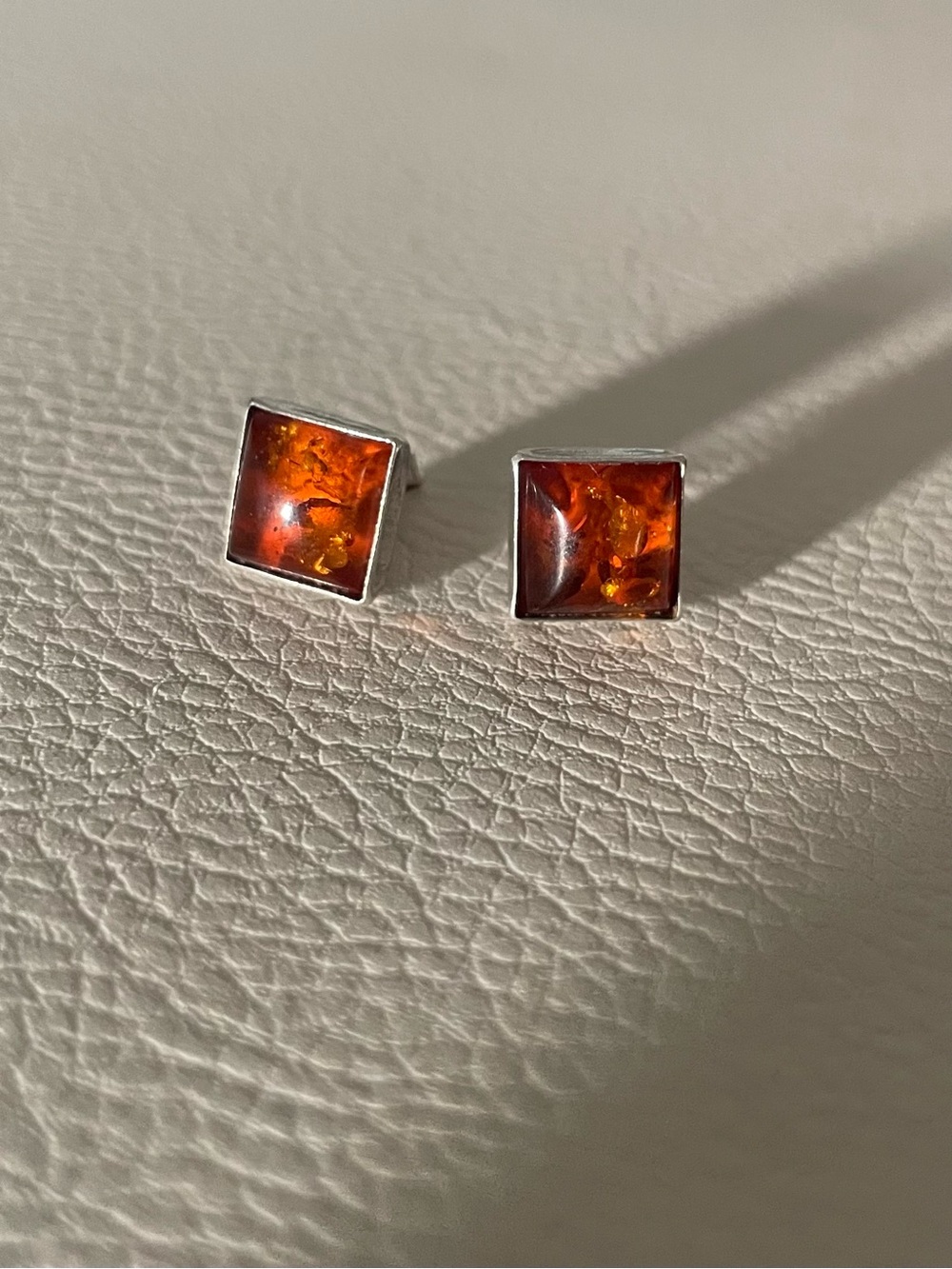 Sterling Silver Amber Square Stud Earrings - Rich Orange